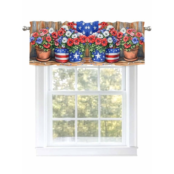 Retro Independence Day Curtain Valances for Windows, Poppy Floral Vase Window Valances, Window Treatment Rod Pocket Valance Curtains for Living Room/Kitchen/Bedroom/Bathroom, 54x18inch