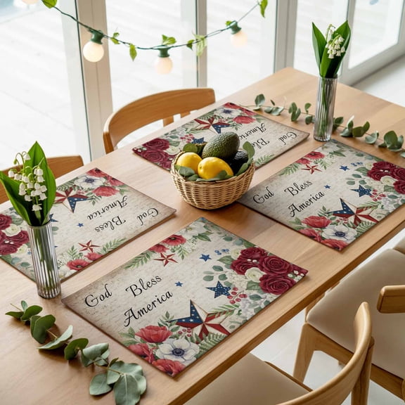 Retro Independence Day Floral Star Placemats Set of 4,Wipeable Washable Table Mats for Dining Tables, God Bless America Quote Place Mats for Kitchen Event Party Tabletop Decor