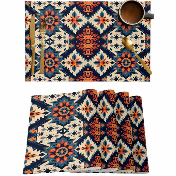 Retro Indian Ethnic Style Placemats Set of 4,Wipeable Washable Table Mats for Dining Tables,Ancient Patterns Place Mats for Kitchen Event Party Tabletop Decor