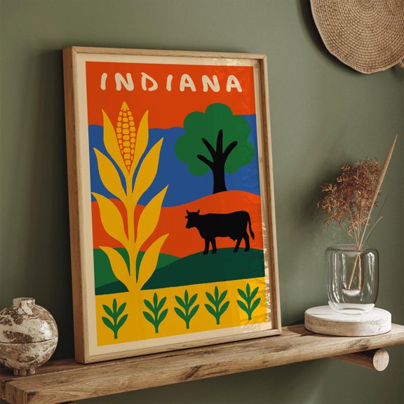 Retro Indiana State Art Print: Cornfield & Cow Farmhouse Decor, Unframed Poster Size 24x36