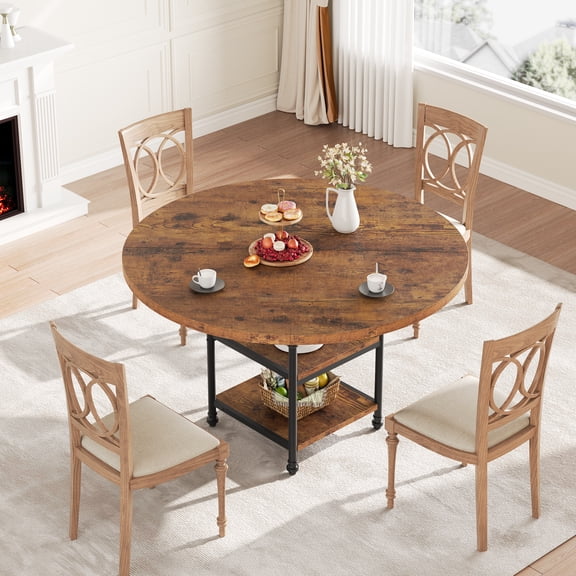 Retro Industrial Dining Table, 47.2" Round Roman Column Design with Storage, for Kitchen and Living Room