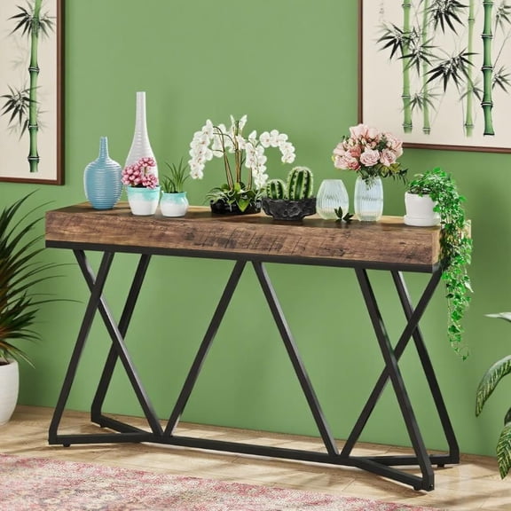 Retro Industrial Sofa Table Behind Couch 55 Inch Wide Console Table With Metal Base Entryway Table For Living Room Hallway