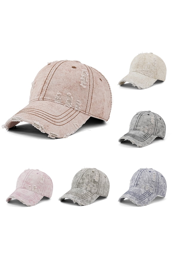 Retro Industrial Style Baseball Hat with Acid Washed Fabric and Heavy Distressing Featuring Ripped Holes and Visible Stitching Beige