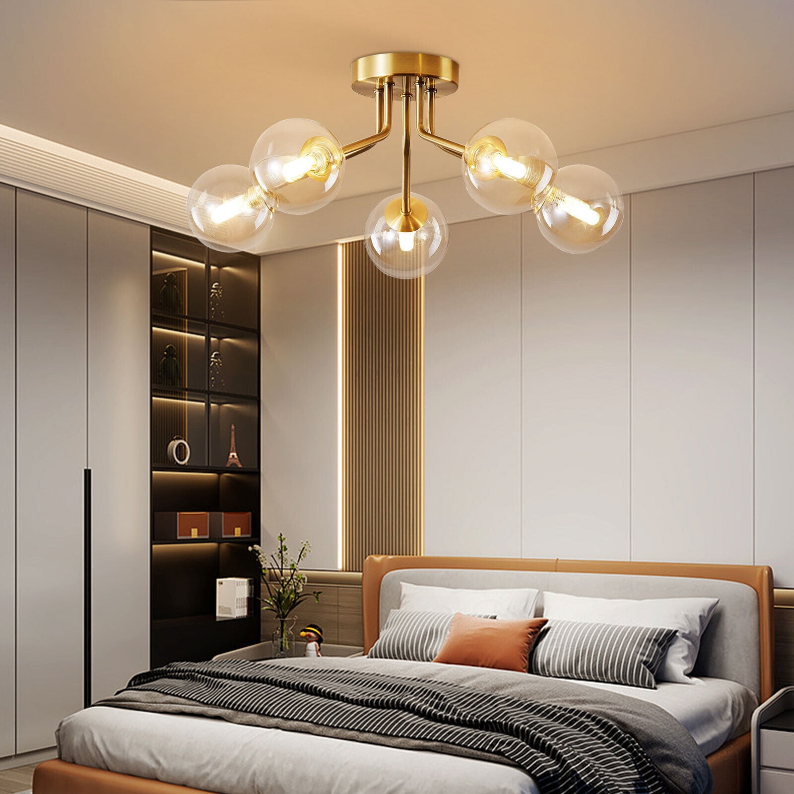 Retro Industry Artificial Satellite Chandelier Glass Globes Light Fixture Flush,Semi Flush Mount Ceiling Light Globe ,Gold Ceiling Light Fixtures for Dining Room ,Bedroom