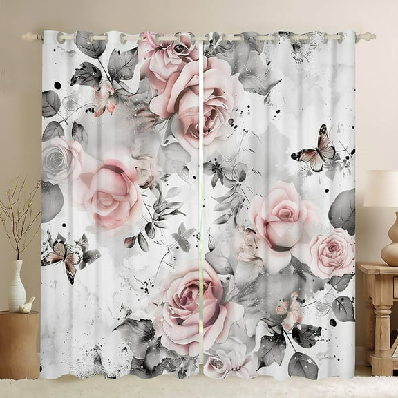 Retro Ink Painting 2 Panels,42"x84" 30%-50% Blackout Curtains,Vintage Rose Flowers Curtains,Watercolor Tie Dye Window Curtains & Drapes,Grey Leaves Plants Darkening Curtains Women Lady