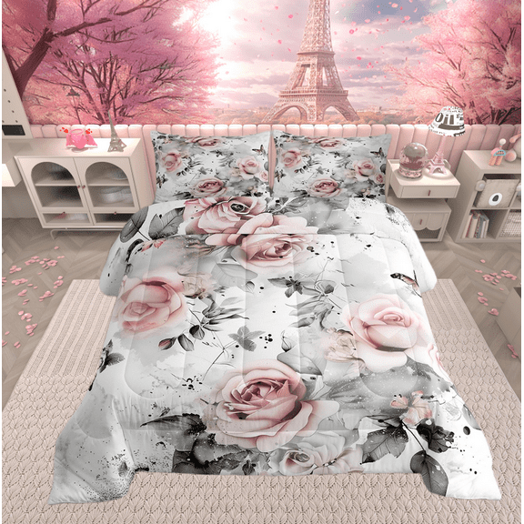 Retro Ink Painting Full Comforter Set,Vintage Rose Flowers Bedding Set,Watercolor Tie Dye Bedding Comforter Sets,Grey Leaves Plants Duvet Insert Women Lady
