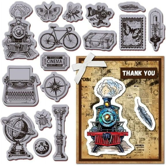 Retro Insect Train Cling Rubber Stamp 8.7"x7" Bicycle Butterfly Bee EVA Stamps Embossing Stamp Seal Rubber Stamps
