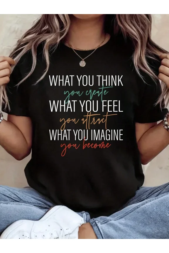 Retro Inspirational Quote Graphic Tee - Manifestation Motivational T-Shirt for Women - Positive Affirmation Casual Short Sleeve Top - What You Think You Create Design