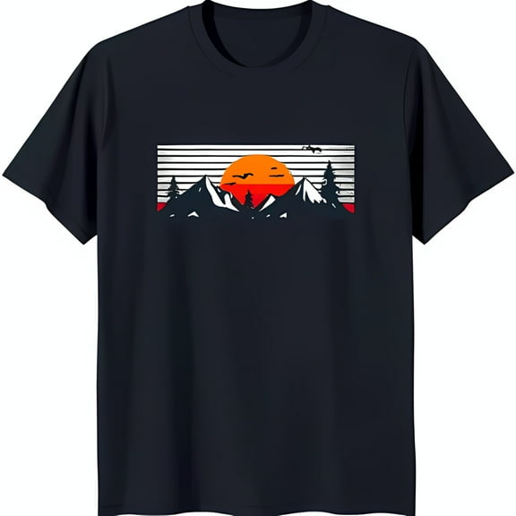 Retro Inspired Black T-Shirt with Bold Mountain Sunset Graphic Design