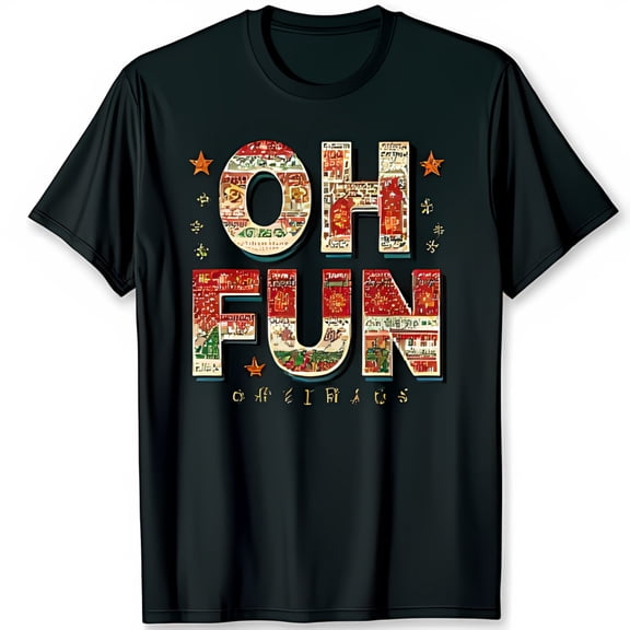 Retro Inspired Black T-Shirt with Colorful Oh Fun Graphic & Gold Stars