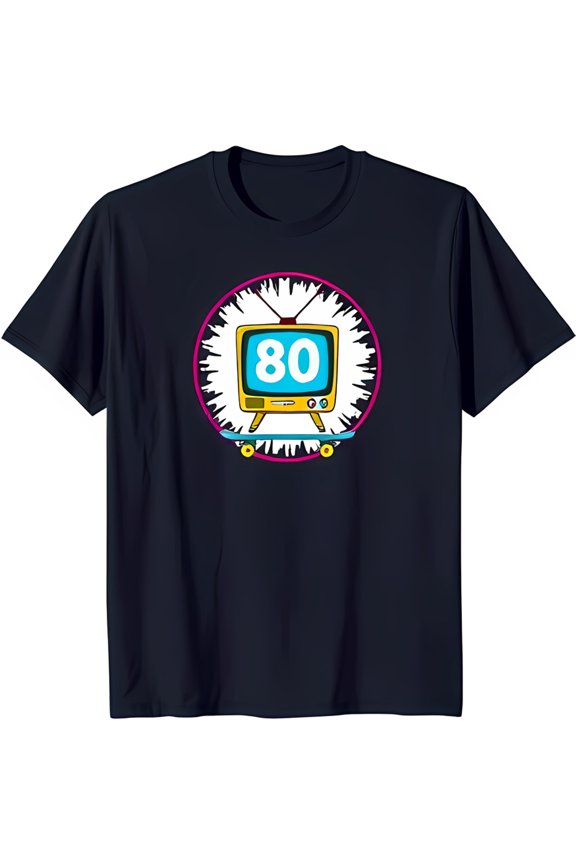 Retro Inspired Black T-Shirt with Playful TV Graphic and Skateboard Design