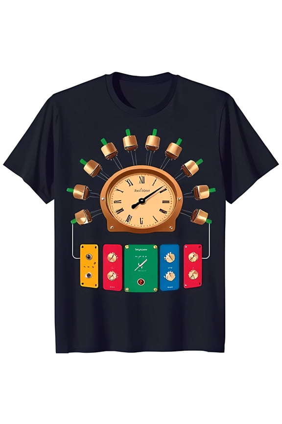 Retro Inspired Black T-Shirt with Vintage Clock Face & Colorful Knobs