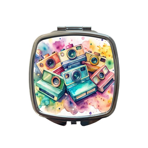 Retro Instant Cameras Photographer Watercolor Travel Makeup Handbag Purse Small Pocket Compact Mirror