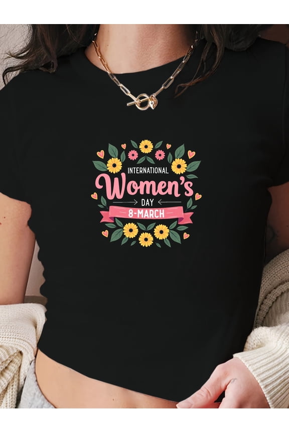 Retro International Women's Day T-Shirt March 8th Floral Empowerment Tee Cute Feminist Gift for Her Black Short Sleeve Top