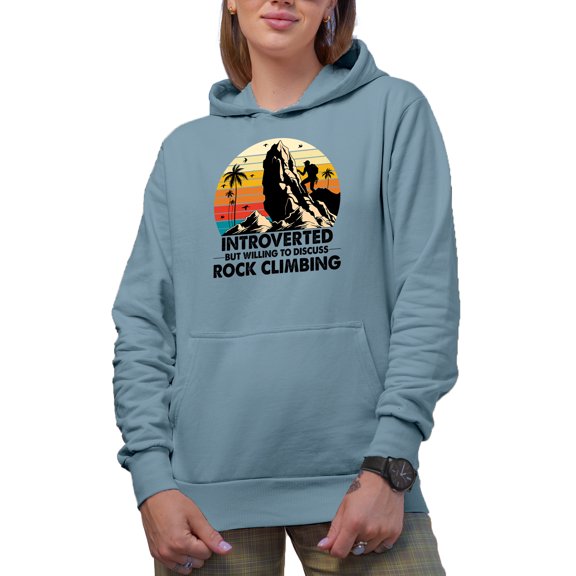 Retro Introverted but Willing to Discuss Rock Climbing, Introvert Mountain Climber, Light Blue Hooded Sweatshirt or Hoodie, XL