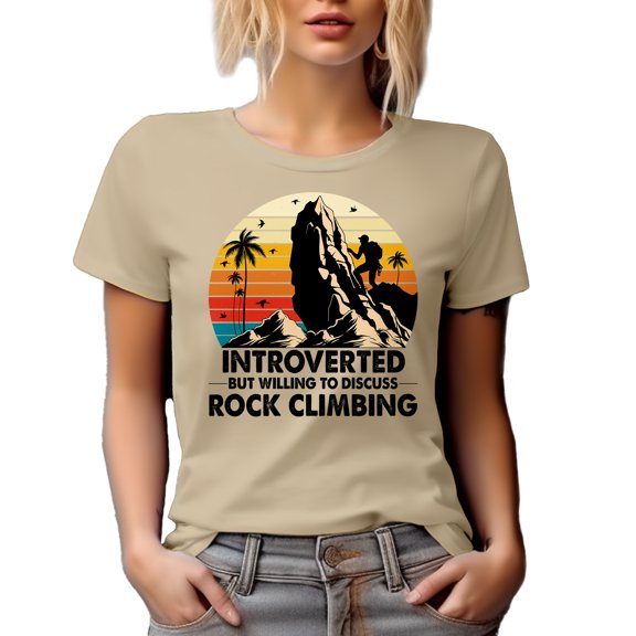 Retro Introverted but Willing to Discuss Rock Climbing, Introvert Mountain Climber, Tan T-Shirt, Large