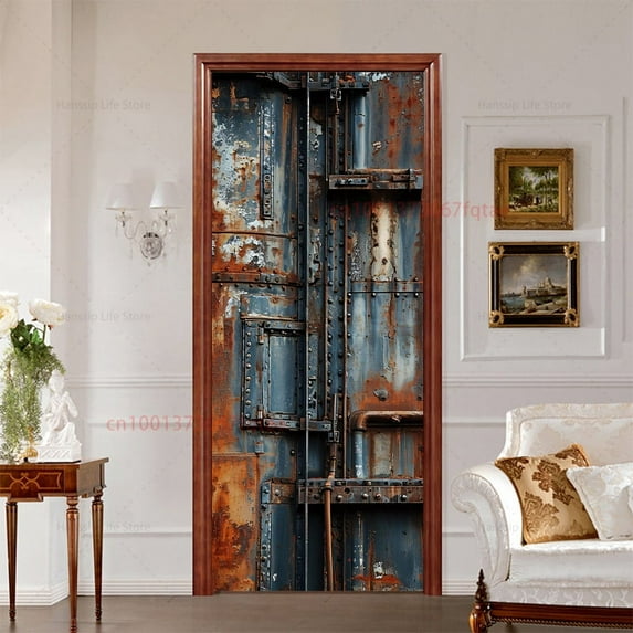 Retro Iron Steel Design Door Wrap Sticker Vintage Rust Steel Iron Gate Door Art Decals Wallpaper