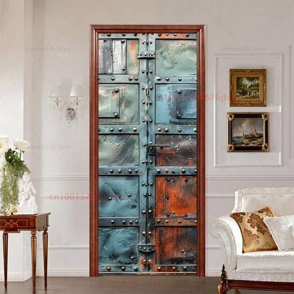 Retro Iron Steel Design Door Wrap Sticker Vintage Rust Steel Iron Gate Door Art Decals Wallpaper