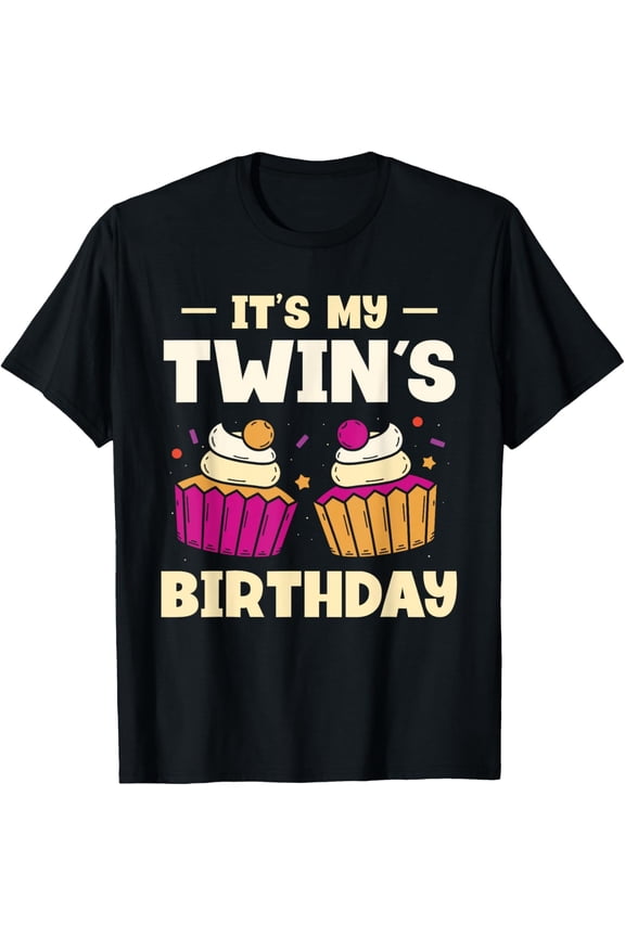 Retro It's My Twin's Birthday Graphic Tee Funny Cupcake Celebration Matching Apparel Men Women Adult T-Shirt
