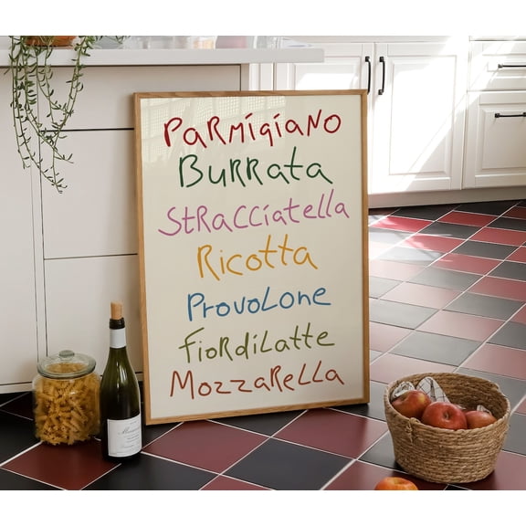 Retro Italian Cheese Names Colorful Typography Apartment Decor Wall Art