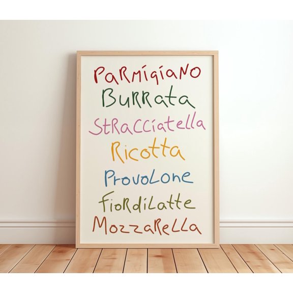 Retro Italian Cheese Names Trendy Colorful Typography Art Apartment Decor Maximalist Kitchen Print, Unframed Poster