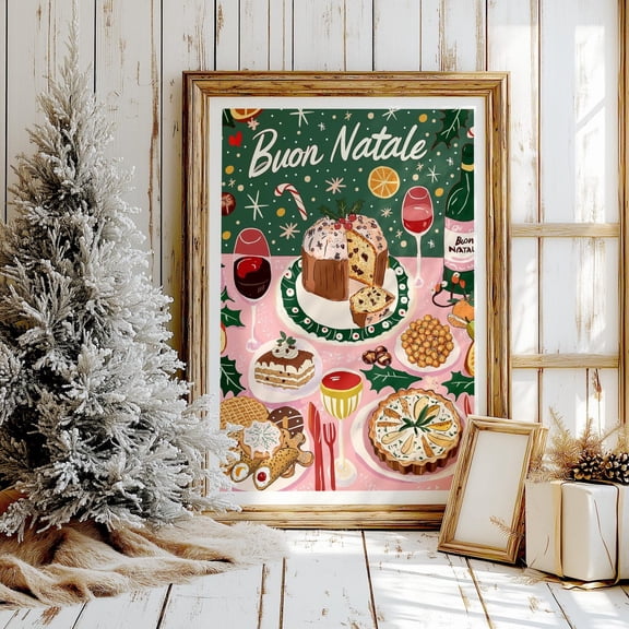 Retro Italian Dessert Table Art Poster: Buon Natale, Panettone, Unframed Poster Size 12x18