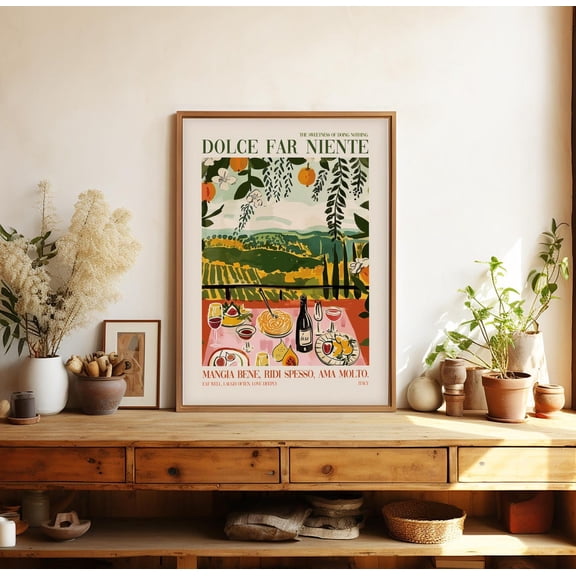 Retro Italian Kitchen Art Poster: Tuscany Food & Wine Quote, Unframed Canvas Size 24x36