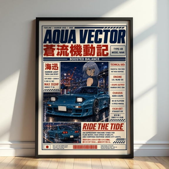 Retro JDM Car Aqua Vector Japanese Street Racing Drift Garage Poster , Poster Print Only
