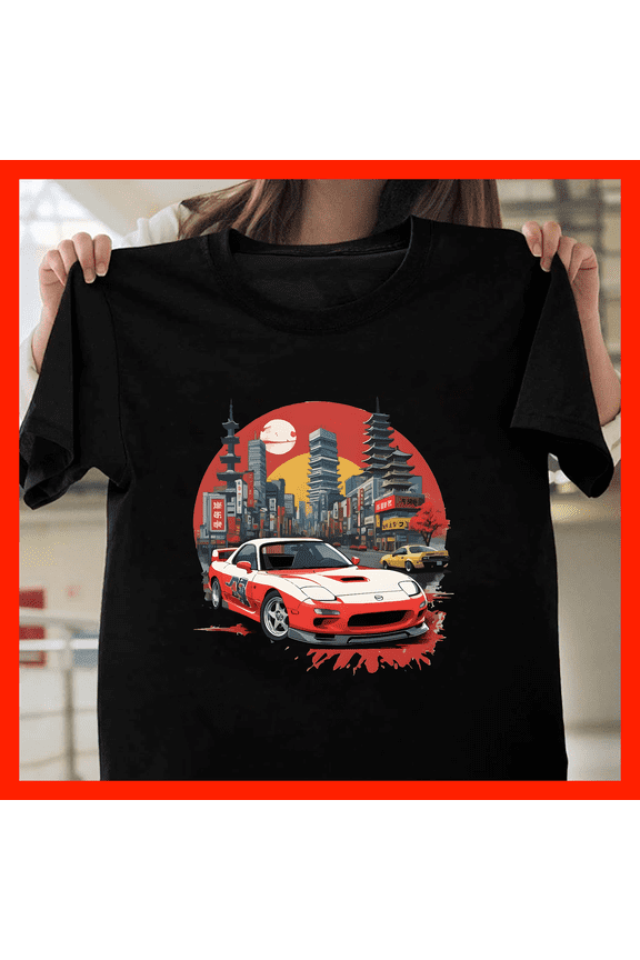 Retro JDM Mazda RX-7 FD Japanese Cityscape Sunset Anime Style T-Shirt G266, Premium Unisex Tee – Extended Sizes Up to 5XL
