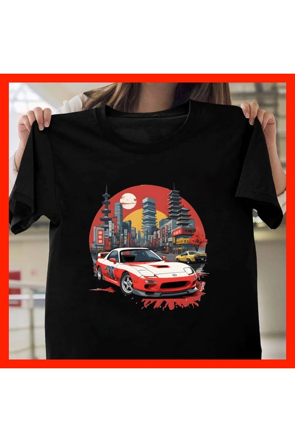 Retro JDM Mazda RX-7 FD Japanese Cityscape Sunset Anime Style T-Shirt X266, Softstyle Unisex Tee - Full Size Range to 5XL