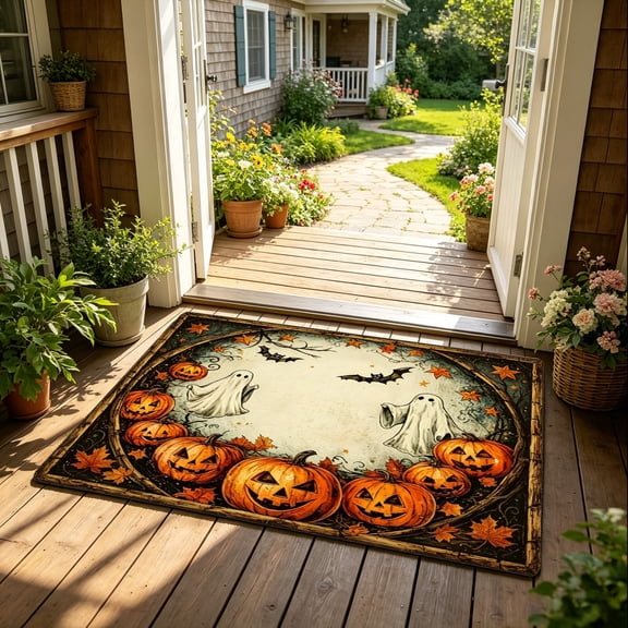 Retro Jack O Lantern Bat Print Floor Mat, Indoor Outdoor Porch Halloween Party Decor, Housewarming Holiday Gift