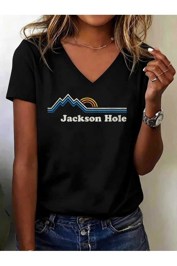 Retro Jackson Hole Wyoming T Shirt Vintage Sunrise Mountains V Neck T-Shirt Cotton Women's V Neck Graphic Tee, Casual Short Sleeve Shirt,Vacation Outfit