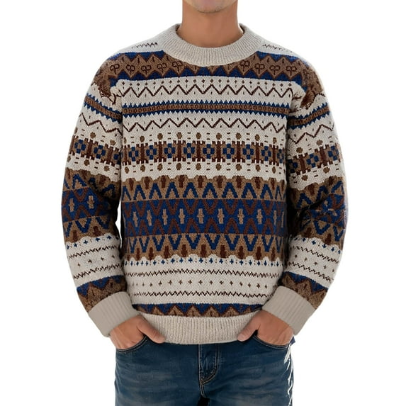 Retro Jacquard Knit Sweater Men Winter Striped Graphic Sweater Color Coffee Size M