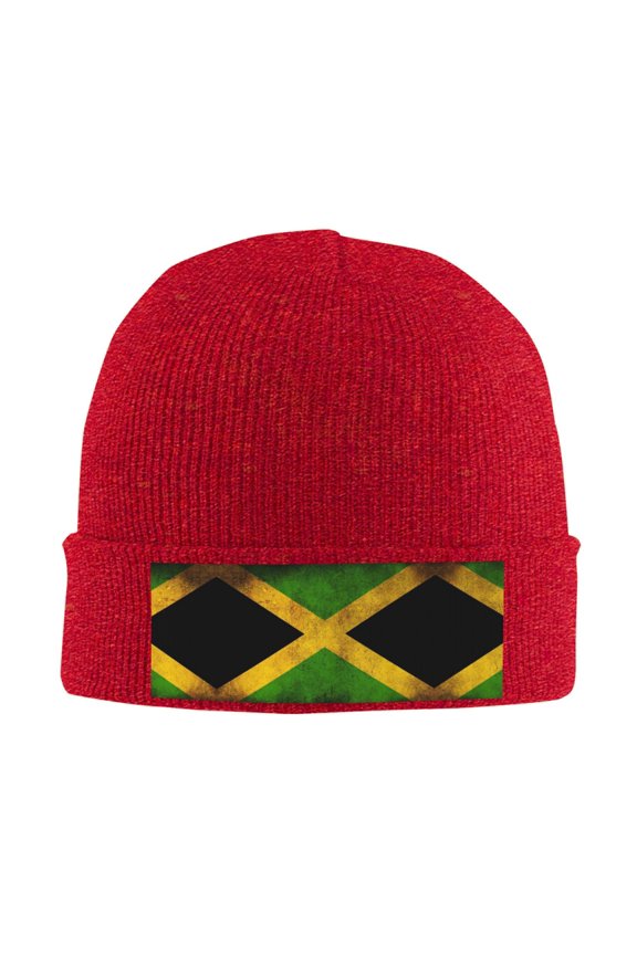 Retro Jamaican Flag Winter Beanie Hats for Men Women Warm Cozy Knitted Cuffed Skull Cap Red