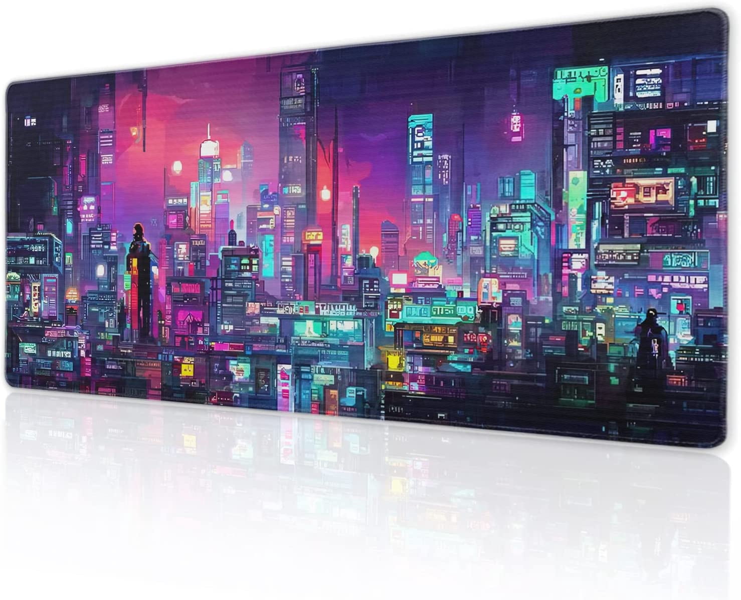 Retro Japanese Anime Gaming Mouse Pad XL Cool Dark Purple Red Vaporwave City Extended Large Desk Mat Big Mousepad Non-Slip Rubber Base Stitched Edge Long Desk Pad for Desktop Computer,31.5×11.8 in