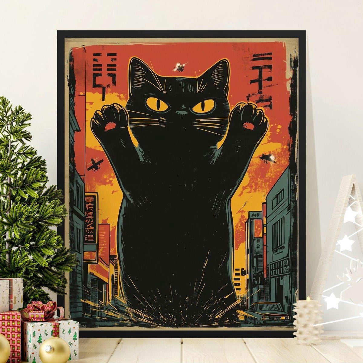 Retro Japanese Black Cat Wall Art, Vintage Anime Style Poster, Bold Cat ...