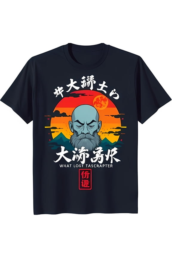 Retro Japanese Cartoon Graphic T-Shirt Vintage Sunset & Mountain Design