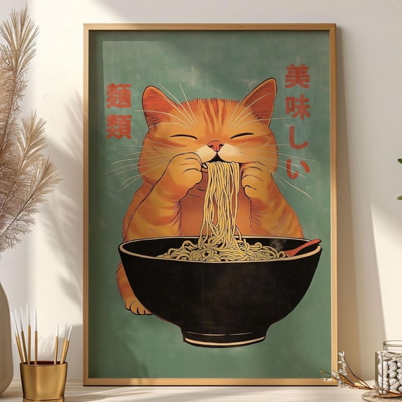 Retro Japanese Cat Ramen Poster: Kitchen Wall Art, Unframed Paper Poster 8x10in