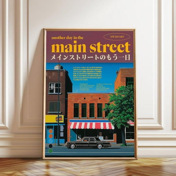 Retro Japanese City Diner Main Street Car Wall Art Print, Unframed Paper Poster 8x10in