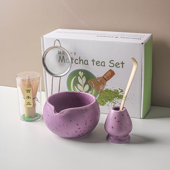Retro Japanese Matcha Tea Set 5-piece Coarse Ceramic Matcha Bowl with Flow Mouth Natural Bamboo Tea Whisker Tea Ceremony Beginner's Set (Purple)