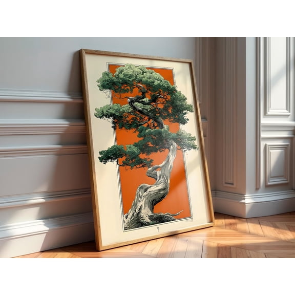 Retro Japanese Pine Tree Art Print, Orange Botanical Wall Decor, UnPoster, Poster Only