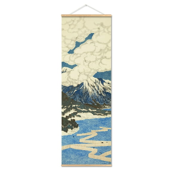 Retro Japanese River Landscape Scroll Canvas Wall Art Poster, Wall Art Hanging Kit Poster Framed with Wood Hanger for Bedroom Living Room Office Decor