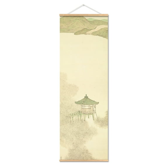 Retro Japanese River Landscape Scroll Canvas Wall Art Poster, Wall Art Hanging Kit Poster Framed with Wood Hanger for Bedroom Living Room Office Decor