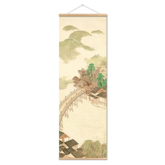 Retro Japanese River Landscape Scroll Canvas Wall Art Poster, Wall Art Hanging Kit Poster Framed with Wood Hanger for Bedroom Living Room Office Decor