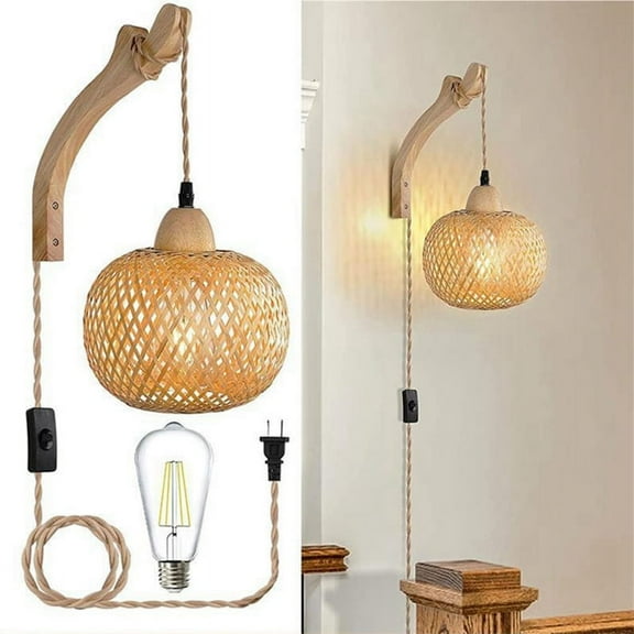 Retro Japanese Style Bamboo Bedside Wall Lamp Restaurant Rattan Lampmine Bedroom Background Wall Lamps US Plug-A Bamboo
