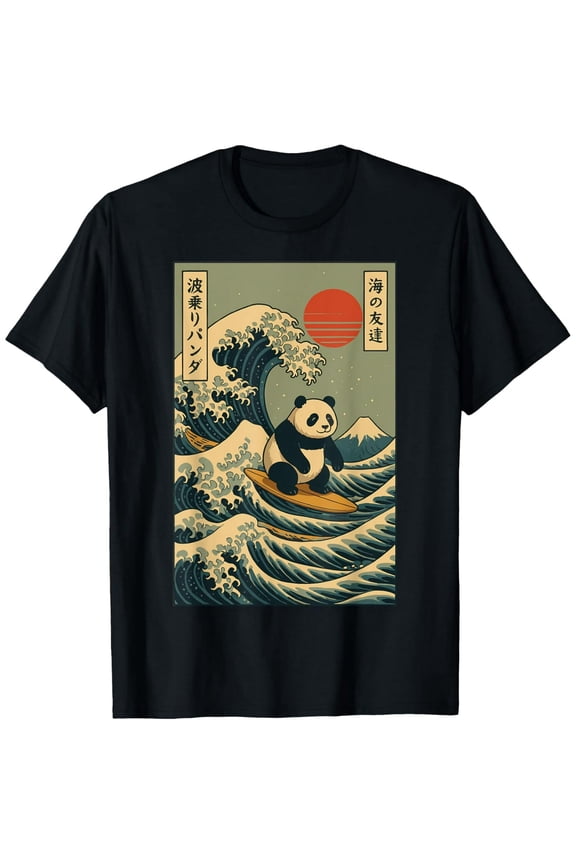 Retro Japanese Surfing Panda Great Wave Men Short Sleeve Graphic Tee