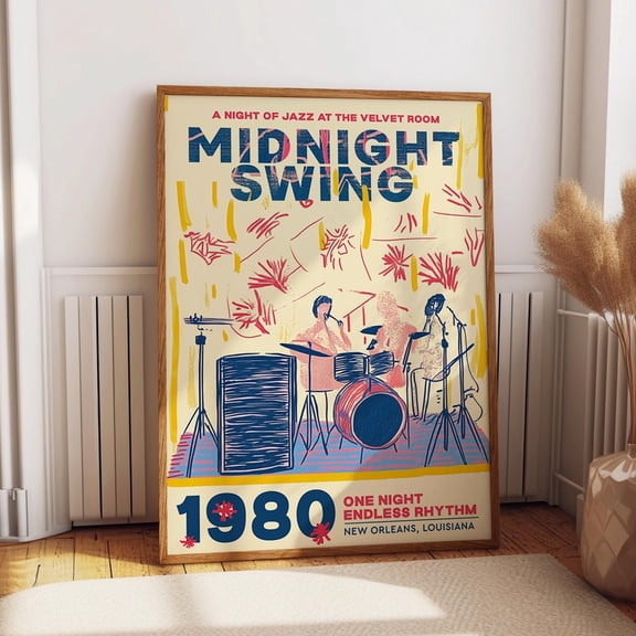 Retro Jazz Band Illustration Music Poster - Midnight Swing Jazz Wall Art - 1980 New Orleans Live Music Event Wall Art, Modern Wall Decor, 8x12 UNFRAMED
