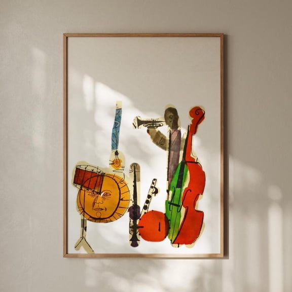 Retro Jazz Music Print Featuring Mid-Century Modern Artwork and Colorful Musical Instruments – Size 24x36 Unframed Poster for Music and Art Lovers