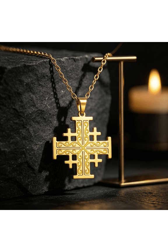 Retro Jerusalem Cross Designed Pendant Necklace for Women, 14K Gold Filled Sleek Polished Stately Clean Distinctive Jewelry