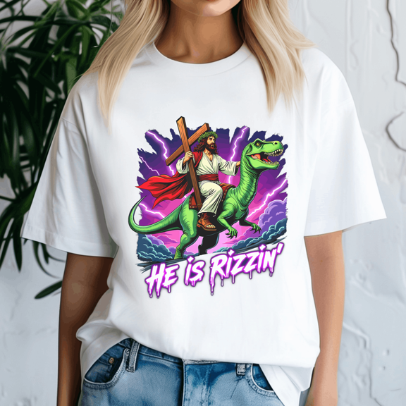 Retro Jesus Christian He Is Rizzin Shirt, Riding TRex Dinosaur Tee
